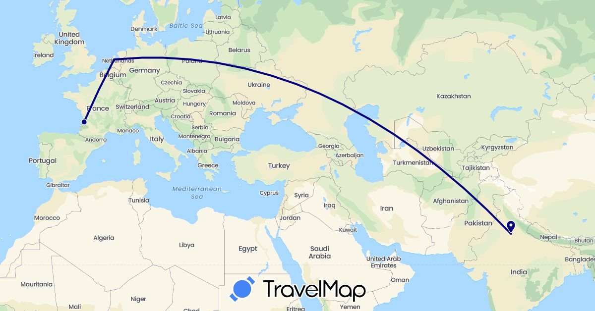 TravelMap itinerary: driving in France, India, Netherlands (Asia, Europe)